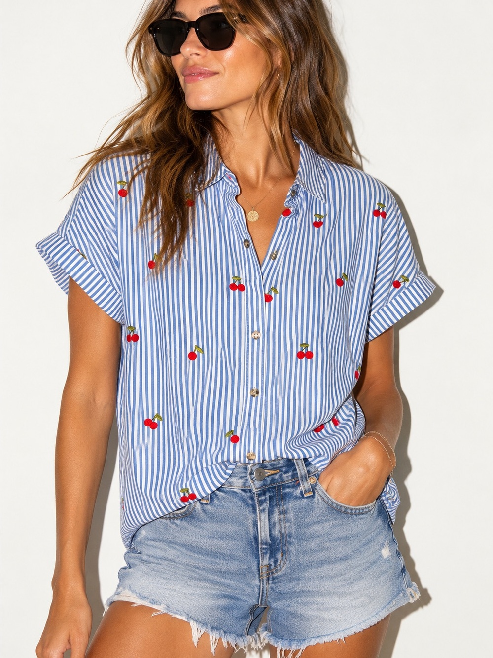 UNTUCKit Charlotte Cherry Embroidered Striped Button Down Shirt Size S 🍒